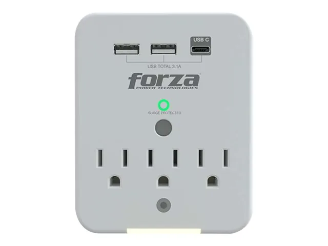 Forza FWT-331USBC - Protector contra sobretensiones (montaje en pared) - CA 125 V - 1875 vatios-conectores de salida: 3-blanco