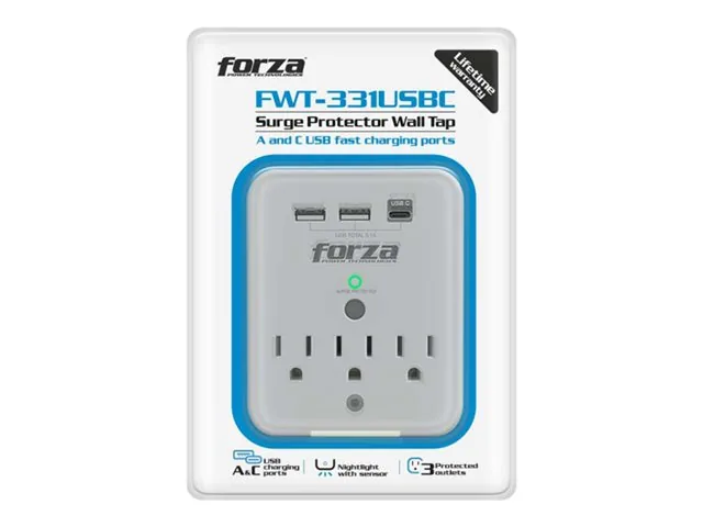 Forza FWT-331USBC - Protector contra sobretensiones (montaje en pared) - CA 125 V - 1875 vatios-conectores de salida: 3-blanco