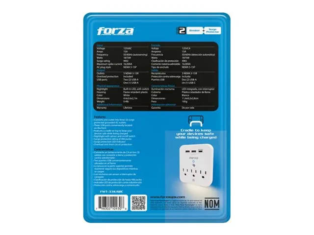 Forza FWT-331USBC - Protector contra sobretensiones (montaje en pared) - CA 125 V - 1875 vatios-conectores de salida: 3-blanco