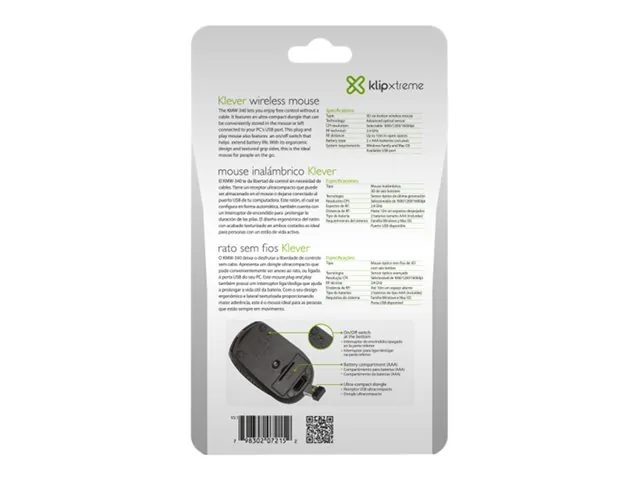Klip Xtreme Klever KMW-340 - Mouse - óptico - 6 botones-inalámbrico - 2.4 GHz-receptor inalámbrico USB-negro
