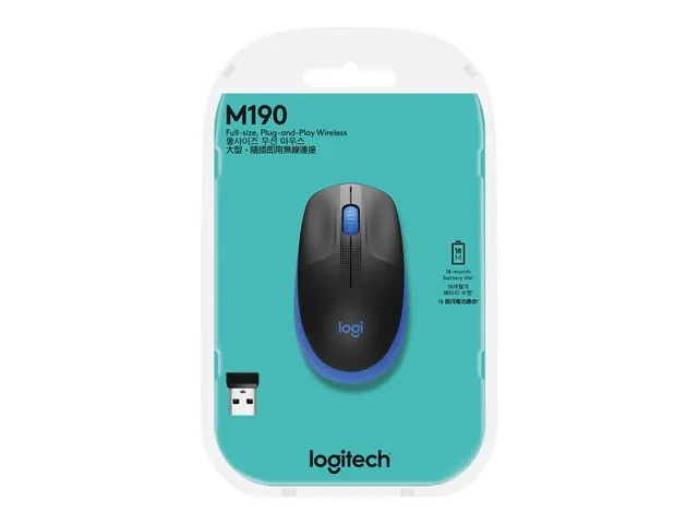 Logitech M190 - Mouse - óptico - 3 botones-inalámbrico-receptor inalámbrico USB-azul