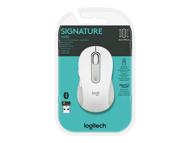 Logitech Signature M650 - Mouse - manos pequeñas - diestro y zurdo-inalámbrico - 2.4 GHz, Bluetooth-receptor de USB Logitech Logi Bolt-blanco hueso