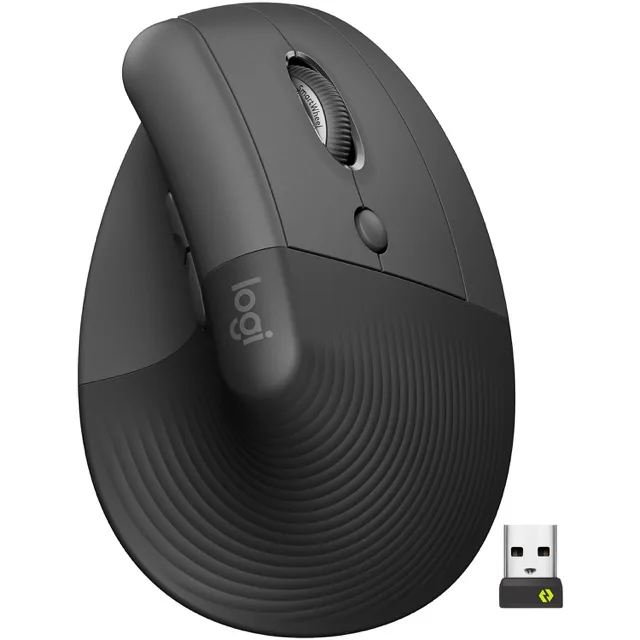 Logitech Lift Vertical Ergonomic Mouse - Mouse vertical - ergonómico - 6 botones-inalámbrico - 2.4 GHz, Bluetooth-receptor de USB Logitech Logi Bolt-grafito