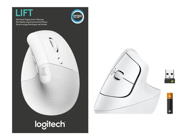 Logitech Lift Vertical Ergonomic Mouse - Mouse vertical - ergonómico - 6 botones-inalámbrico - 2.4 GHz, Bluetooth-receptor de USB Logitech Logi Bolt-blanco hueso