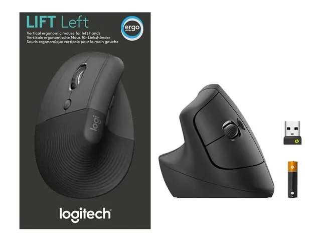 Logitech Lift Left Vertical Ergonomic Mouse - Mouse vertical - ergonómico - zurdo - 6 botones-inalámbrico - 2.4 GHz, Bluetooth-receptor de USB Logitech Logi Bolt-grafito